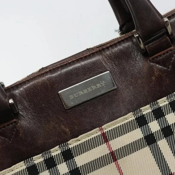 BURBERRY Nova Check Hand Bag Canvas Beige Silver Auth